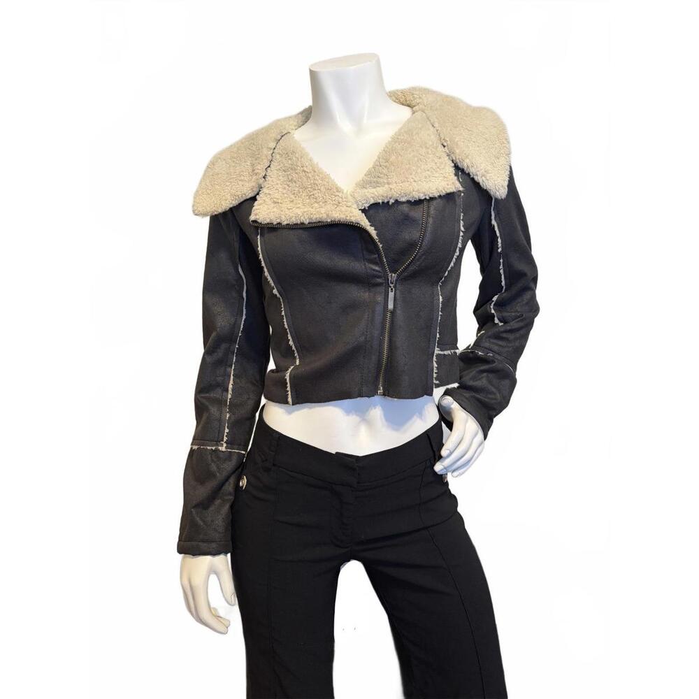 Sans Souci Shearling Bomber Jacket Small Francesca’s Black Faux Leather Zip